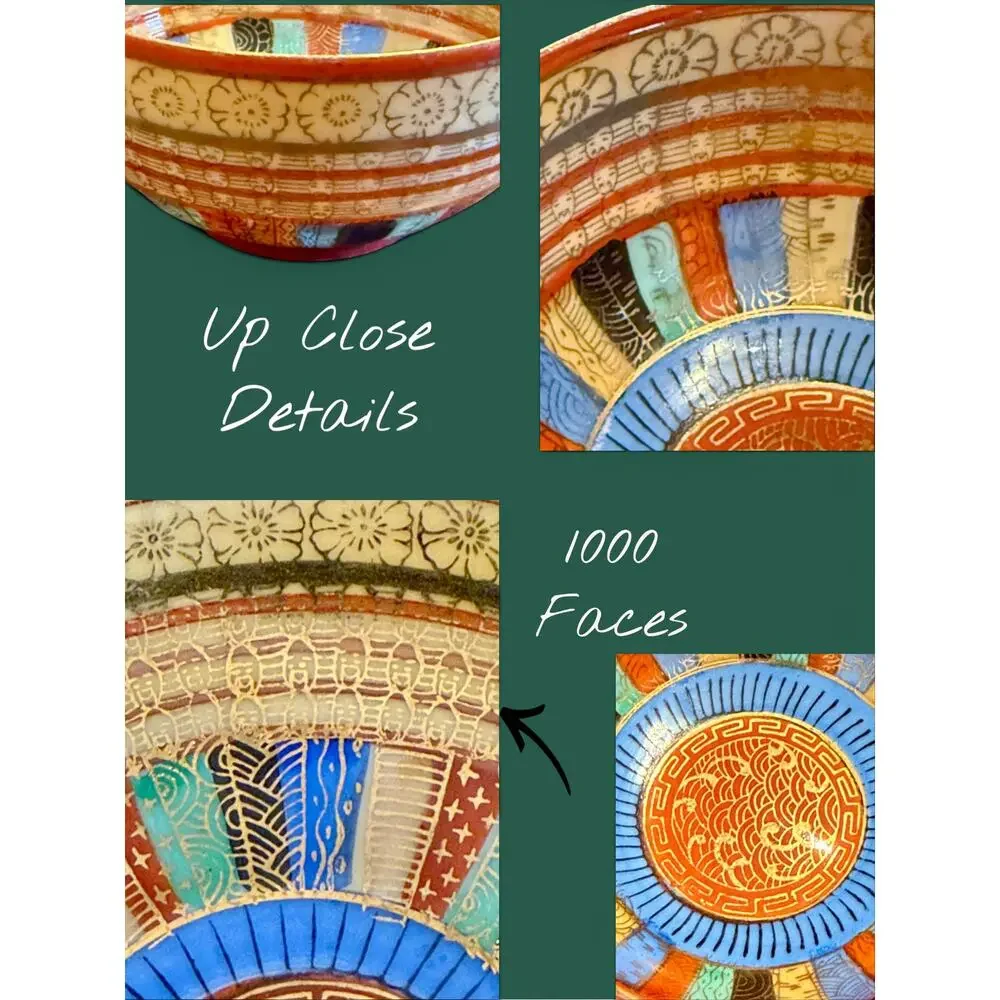 Antique Japanese 1000 Faces Porcelain Tea Cups & Saucers-Set of 3-Art Deco-Asian